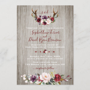 Invitación Rústico Burgundy Pink Floral Antlers Wood Boda