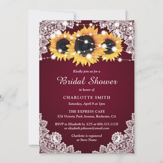 Invitación Rústico Burgundy Sunflower Lace Bridal Shower (Anverso)