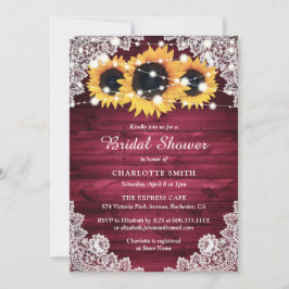 Invitación Rústico Burgundy Wood Lace Sunflower Bridal Shower