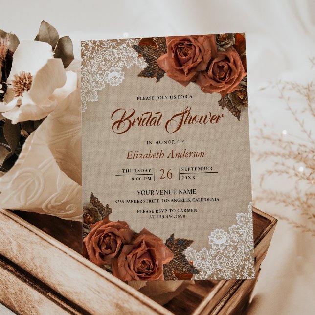 Invitación Rústico Burlap Dusty Terracotta Rosa Bridal Shower (Subido por el creador)