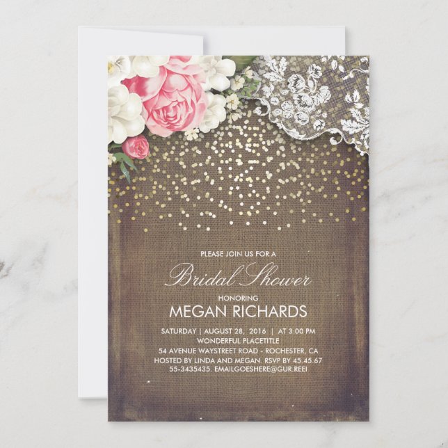 Invitación Rústico Burlap Floral Lace Gold Bridal Shower (Anverso)