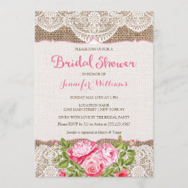 Invitación Rústico Burlap Lace Bridal Shower Rosas invitados