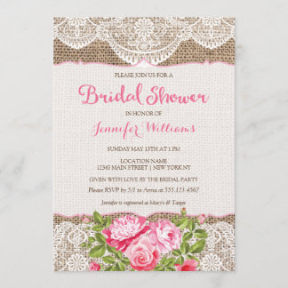 Invitación Rústico Burlap Lace Bridal Shower Rosas invitados