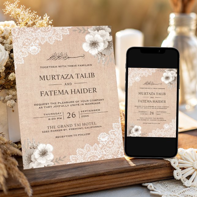Invitación Rústico Burlap Lace Ivory Floral Boda islámico (Subido por el creador)