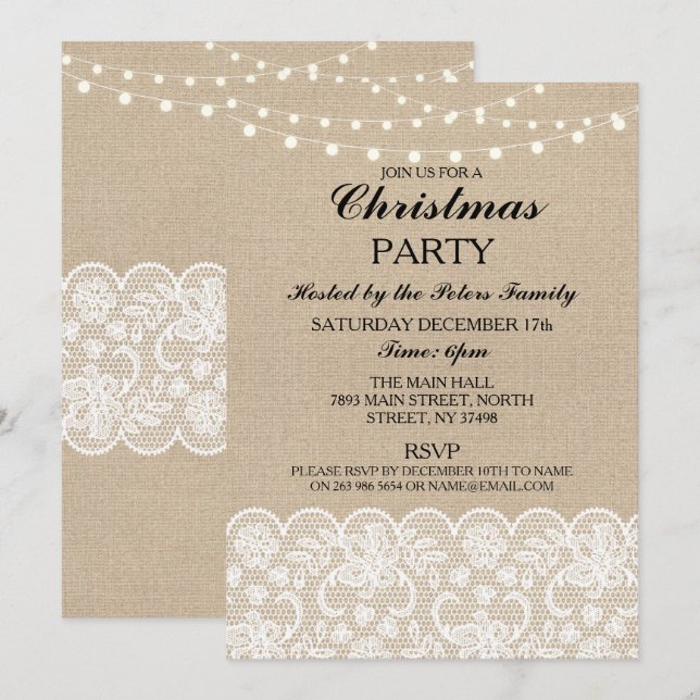 Invitación Rústico Burlap Lace Navidades Fiesta del Día de Ce (Anverso / Reverso)