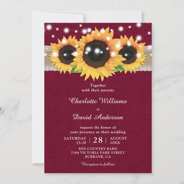 Invitación Rústico Burlap Lace Sunflower Burgundy Boda (Anverso)
