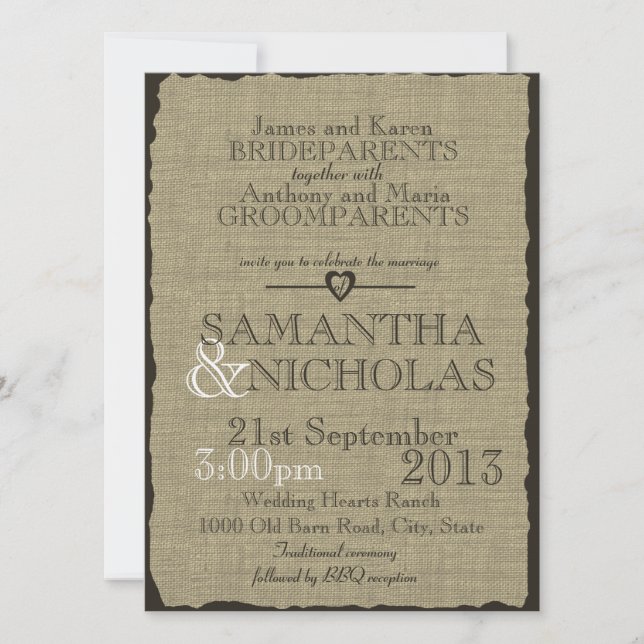 Invitación Rústico Burlap Look Boda (Anverso)