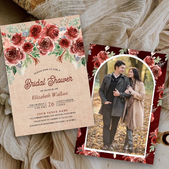 Invitación Rústico Burlap Marsala Floral Photo Bridal Shower (Subido por el creador)