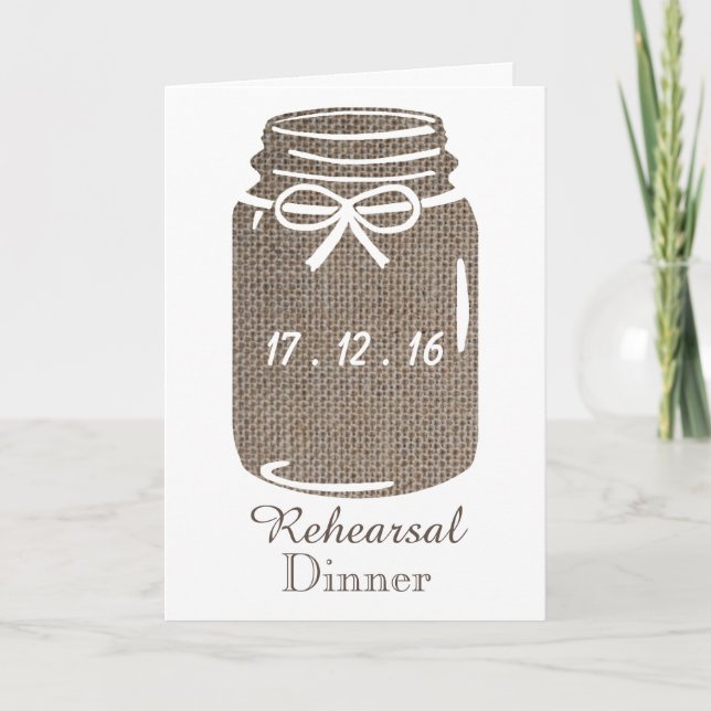 Invitación Rústico Burlap Mason Jar Boda Ensayo Cena (Anverso)