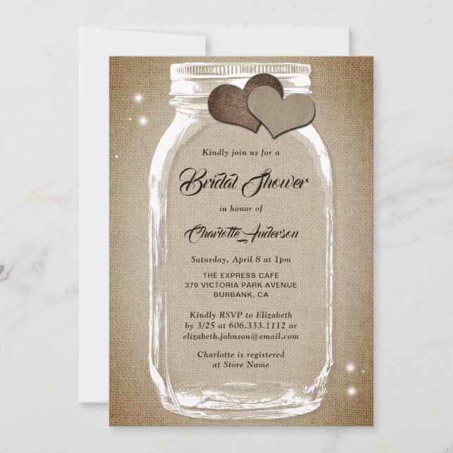 Invitación Rústico Burlap Mason Jar Bridal Shower (Anverso)