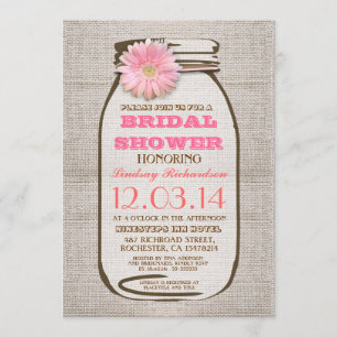 Invitación Rústico Burlap Mason Jar Pink Gerbera Bridal Showe