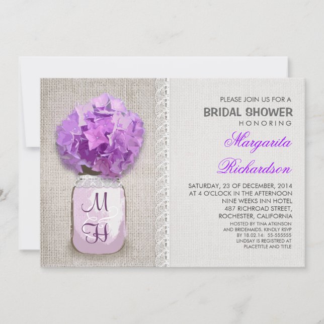 Invitación Rústico Burlap Mason Jar Purple Bridal Shower (Anverso)
