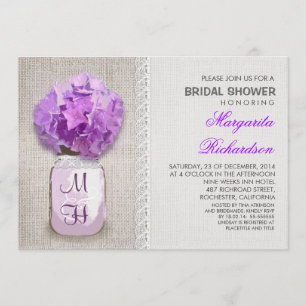 Invitación Rústico Burlap Mason Jar Purple Bridal Shower
