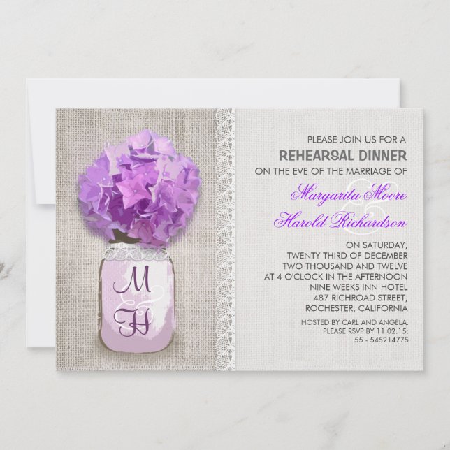 Invitación Rústico Burlap Mason Jar Purple Rehearner (Anverso)