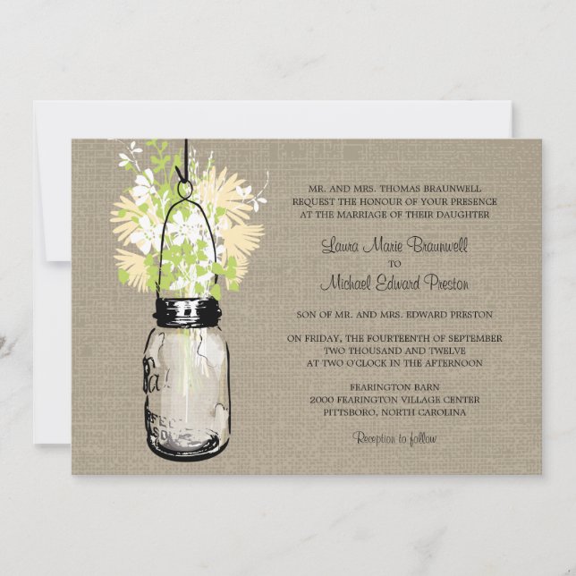 Invitación Rústico Burlap Mason Jar y Boda de Wildflowers (Anverso)