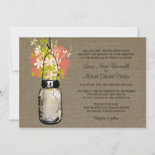 Invitación Rústico Burlap Mason Jar y Boda de Wildflowers