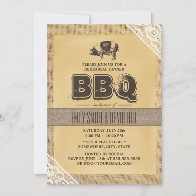Invitación Rústico Burlap Pig Roast BQ Ensayo Cena (Anverso)