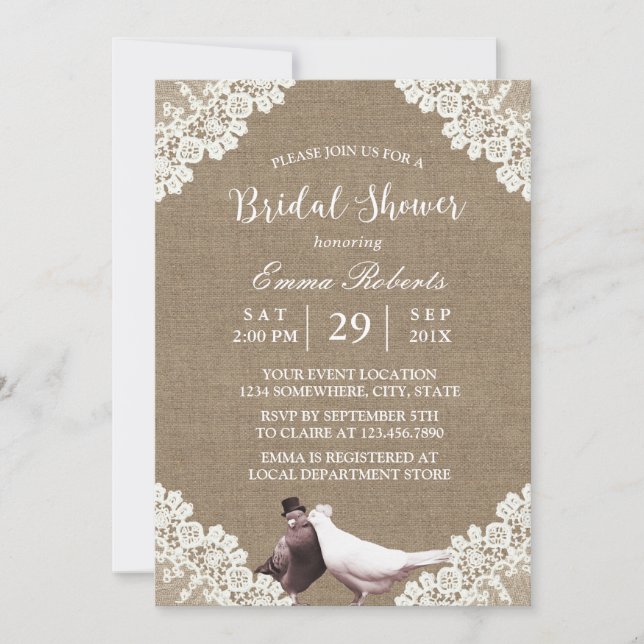 Invitación Rústico Burlap White Lace Lovebirds Ducha de novia (Anverso)