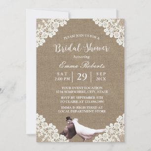 Invitación Rústico Burlap White Lace Lovebirds Ducha de novia