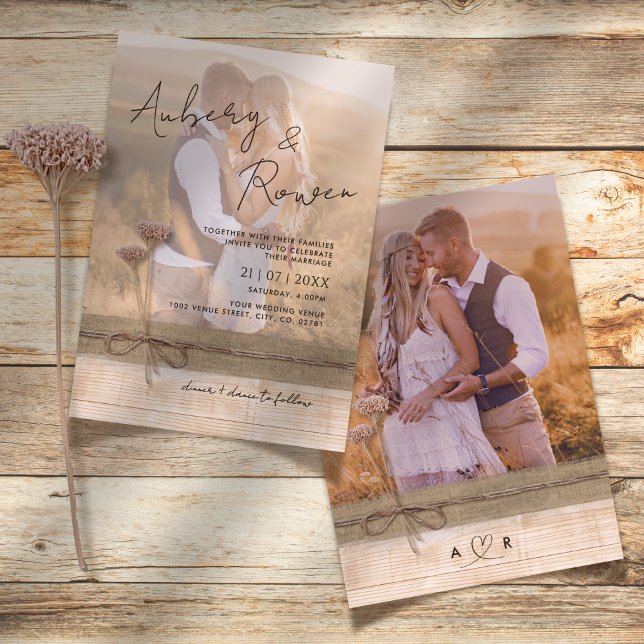 Invitación Rústico Burlap Wood Wildflower Boho Photo Boda (Subido por el creador)