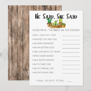 Invitación Rústico Cactus Bridal Shower Game-He/She Said