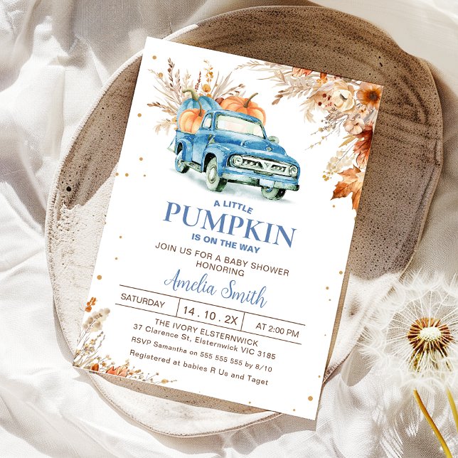 Invitación Rústico Camión de Calabaza Azul Flora Azul Baby Sh (Fall Blue Pumpkin Truck Baby Shower Invitation Boy, boys Little Pumpkin Baby Shower Invite, Foliage)