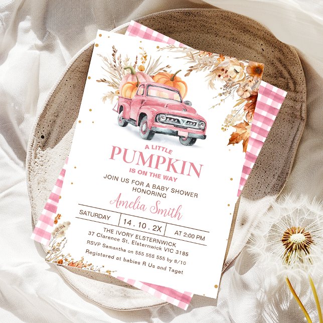Invitación Rústico Camión de Calabaza Rosa (Editable Girls Pumpkin Truck Baby Shower Invitation Fall Harvest Pink Truck Autumn Baby Shower Girl)
