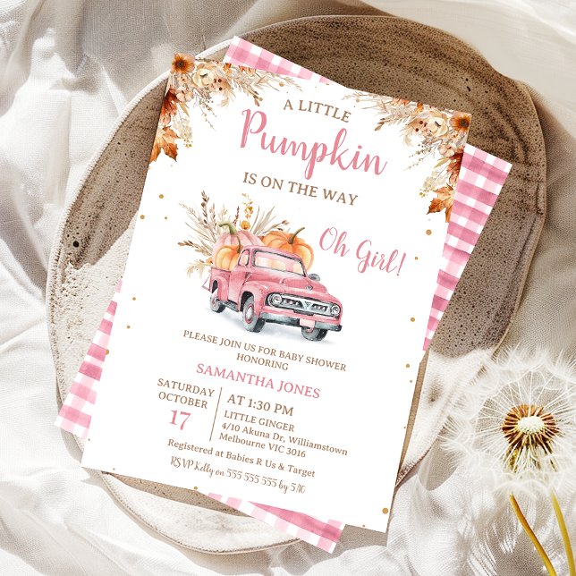 Invitación Rústico Camión Rosado Pequeña Calabaza Baby Shower (Editable Pink Pumpkin Truck Baby Shower Invitation Girl, Fall Little Pumpkin Baby Shower Invite,  )
