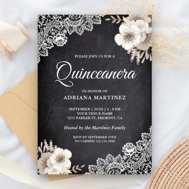 Invitación Rústico Chalkboard Lace Ivory Floral Quinceanera (Subido por el creador)