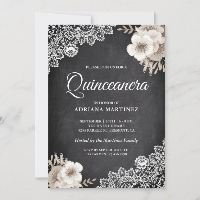 Invitación Rústico Chalkboard Lace Ivory Floral Quinceanera (Anverso)