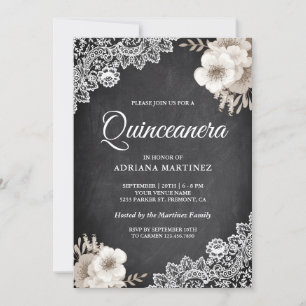 Invitación Rústico Chalkboard Lace Ivory Floral Quinceanera