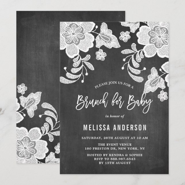 Invitación Rústico Chalkboard White Floral Lace Baby Brunch (Anverso / Reverso)
