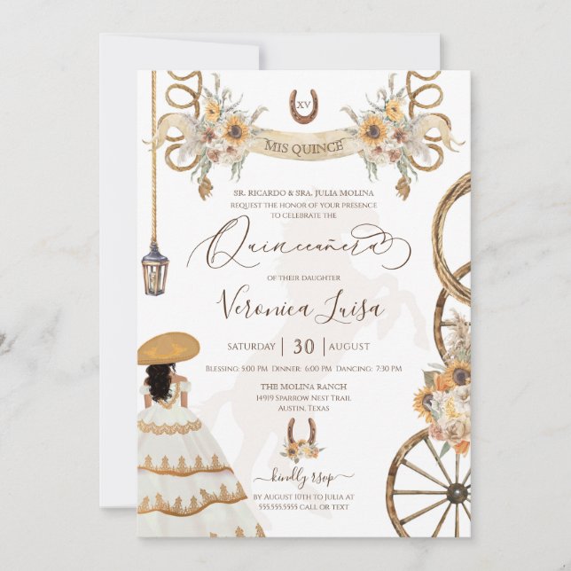 Invitación Rústico Charro Floral Boho País Quinceanera (Anverso)
