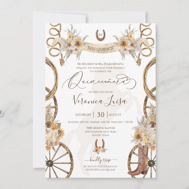 Invitación Rústico Charro Floral Boho País Quinceanera (Anverso)