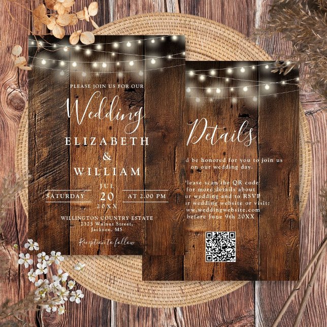 Invitación Rústico Código QR de cadena Boda de madera de gran (Rustic Barn Wood Wedding String Lights QR Code Invitation)
