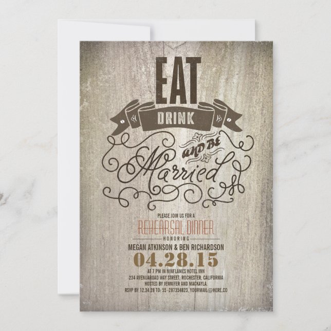 Invitación Rústico come bebida y se casa con una cena de ensa (Anverso)