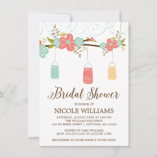 Invitación Rústico Coral Mint Mason Jar Branch Bridal Shower