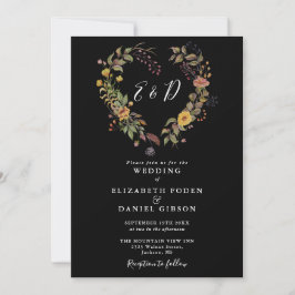 Invitación Rústico Corazón Floral Boda Blanco Y Negro
