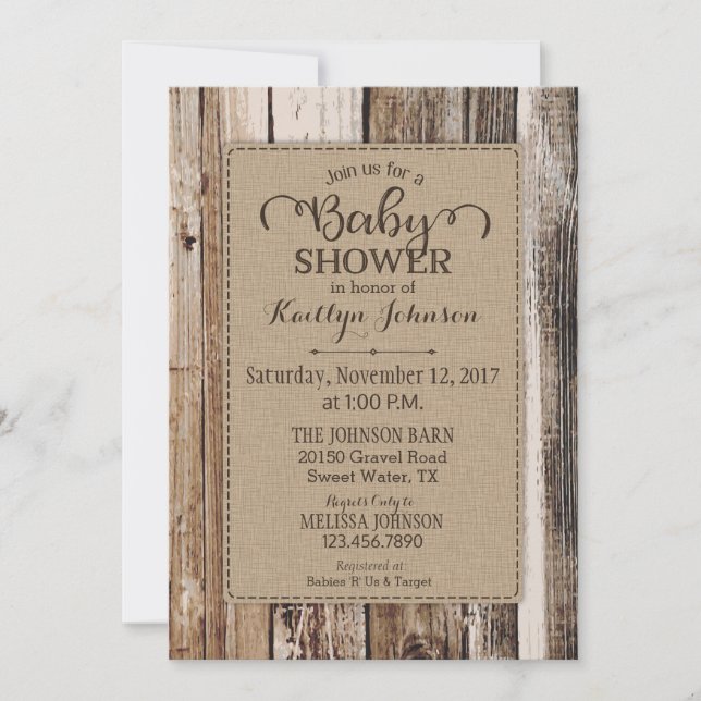Invitación Rústico Country Barn Wood Baby Shower (Anverso)