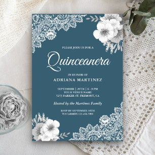 Invitación Rustico Country Dusty Blue Floral Encaje Quinceañe