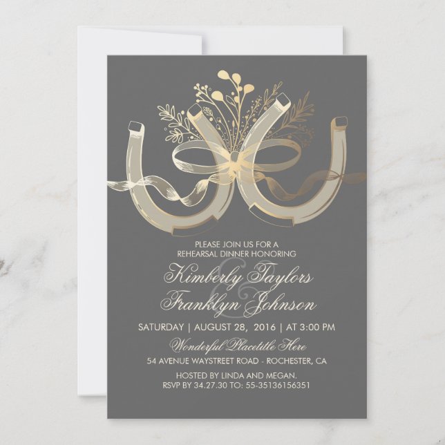 Invitación Rústico Country Horseshoes Gold Rehearsal Dinner (Anverso)