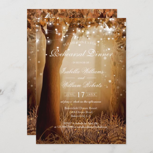 Invitación Rústico Country Tree String Lights Ensayo Cena (Anverso / Reverso)