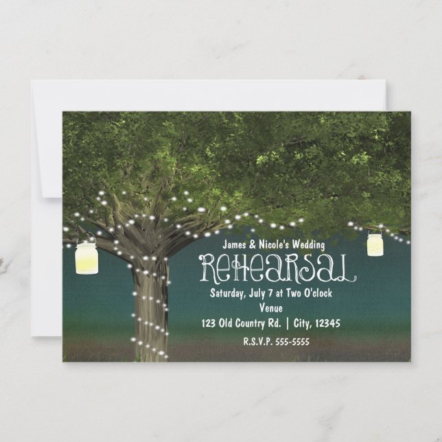 Invitación Rústico Country Tree String Lights Ensayo Cena (Anverso)