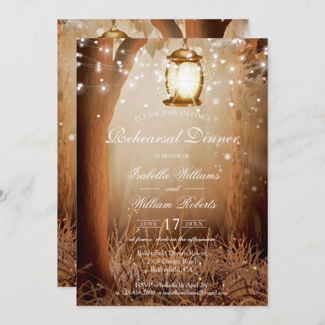 Invitación Rústico Country Tree String Lights Ensayo Cena (Anverso / Reverso)