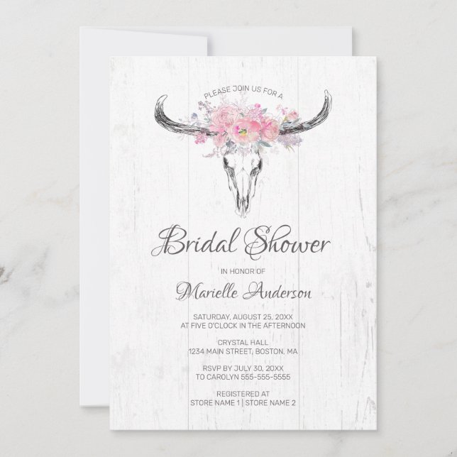 Invitación Rústico Cow Skull Boho Rubor Floral Bridal Shower (Anverso)