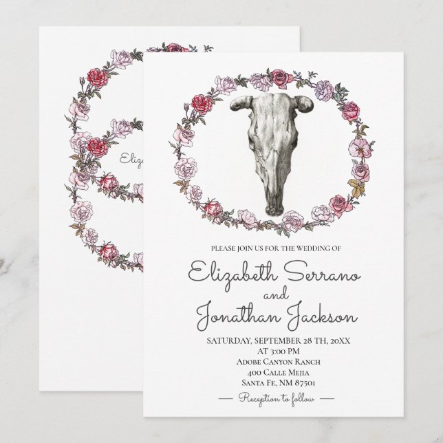 Invitación Rústico Cráneo De Vacas Y Rosa Boda De Flores (Anverso / Reverso)