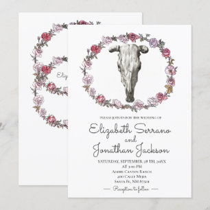 Invitación Rústico Cráneo De Vacas Y Rosa Boda De Flores