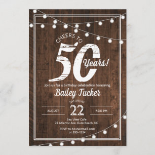 Invitación Rústico cumpleaños 50 con Fiesta de String Lights