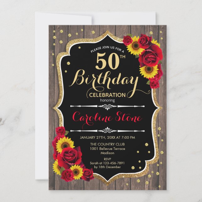 Invitación Rústico cumpleaños 50 - Madera de Rosas Sunflowers (Anverso)