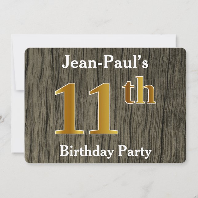 Invitación Rústico, Cumpleaños Número 11 con Dorado Falso; No (Anverso)
